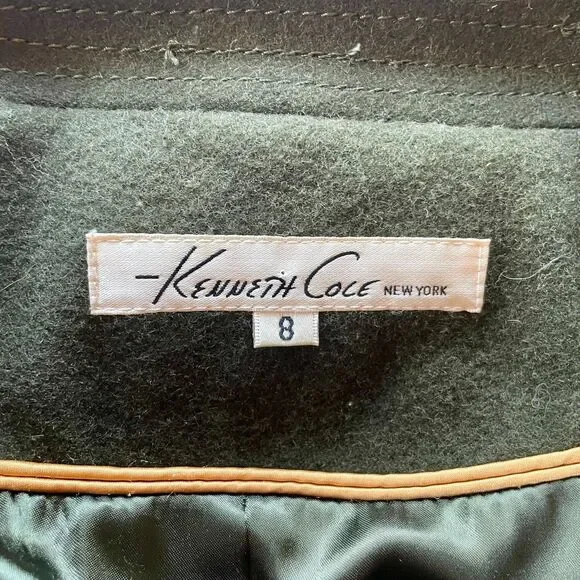 Kenneth Cole Women's Wool Blend Belted Olive Green Coat with Zipper Details Sz 8